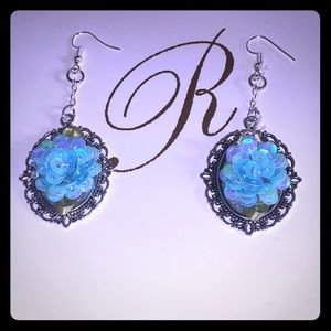 Blue Flowered Dangly Silver Womans Earrings